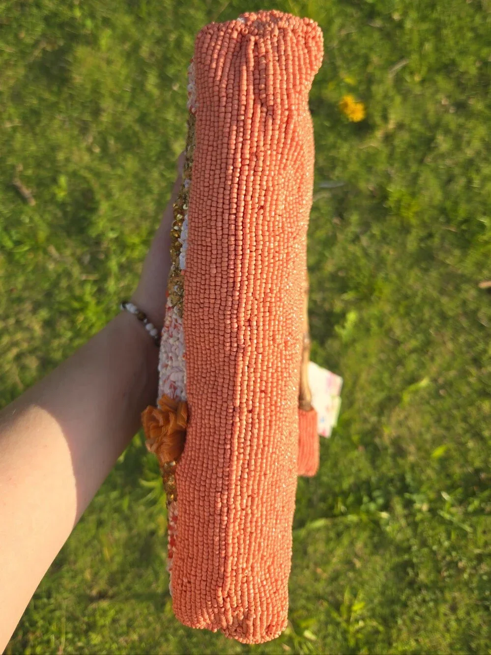 🧡 Viral Handmade Beaded Boho Clutch- Coral Pink & Bronze with Bamboo Handle